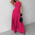 Elegant fuchsia sleeveless halter maxi dress with a high slit hem for beach vacation - S / Rose Red