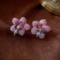 Elegant purple embroidered flower earrings with crystal beads on a dark velvet background - Purple Flower (925 Silver Pin)