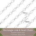Chaîne DIY en acier inoxydable argenté avec maillons cœur et rectangle pack de 1 mètre - Chaîne Coeur Boucle Rectangulaire 6,6x16mm 1m
