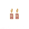 Golden huggie hoop earrings with burgundy enamel rectangle star and moon charms - Burgundy Mystical Symbol Earrings (8#)