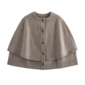 Women's knit poncho cardigan with amber buttons in dark oatmeal color, flat lay view - S / Camel