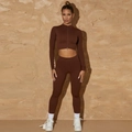 Brown seamless ribbed yoga set with long sleeve zipper crop top and high waist leggings - Brown Long-sleeved Shirt And Trousers (brown Suit)