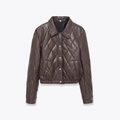 Short quilted dark brown faux leather jacket with shirt collar and metal buttons - S / Coffee