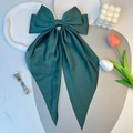 Elegant large dark green satin bow hair clip with long ribbons and metal spring clip - Dark Green