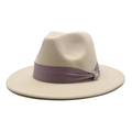 Detail of beige wool fedora with purple satin ribbon and sparkling rhinestone buckle - Beige