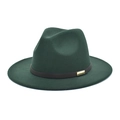 Detail view of dark green wool fedora with brown band and golden buckle accent - Dark Green