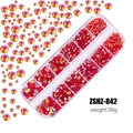 DIY nail art crystal rhinestones set in 12-grid storage box, red AB aurora colors, 36g weight - Big Red Nude AB (ZSHZ-842)