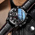 Men's business sport watch featuring black and red dial with black leather strap and red stitching - Black Leather Black Face