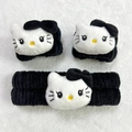 Set fascia e polsini in pile di corallo bianco e nero con fiocco a fumetti per lavaggio - Set per la Cura della Pelle da 3 Pezzi Hello Kitty Nero (Fascia + Polsini)