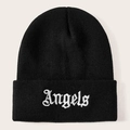 Close-up of black knitted beanie featuring white Gothic style Angels embroidery on cuff - Embroidered Angels - Black