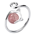Adjustable silver cat ring with pink strawberry crystal bead for women - Cat No.6 with Pink Stone