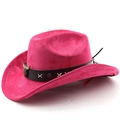 Detail of rose red suede cowboy hat with black leather band and metal bull head emblem - M (56-58cm) / Rose Red