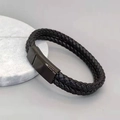 Pulsera de cuero trenzado de doble capa para hombre con cierre magnético de acero pulido - Cierre Negro Cuero Negro
