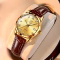 OLEVS gold men's quartz watch with brown leather strap and diamond roman numeral dial - Gold Dial Brown Leather Women