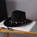 Black western cowboy hat with colorful beads, shells and adjustable windproof chin strap - Adult (55-60cm) / Black