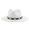 Detail of white woven straw fedora with black leather band and silver floral buckle - M (56-58cm) / White
