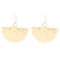 Handmade raffia fan-shaped earrings in natural wood color with gold metal hooks - Fan Shaped Semicircle Rattan Style (6257)