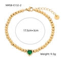Macro detail of gold beaded bracelet with green heart gemstone and size specifications - 17.5+3cm / Gold Ball Bead Green Heart(NMSB-E132-2)