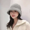Winter light grey chunky knit bucket hat for women with warm folded cuff design - One Size / Gray