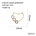 Macro detail of heart-shaped pendant with colorful cubic zirconia and gold-plated copper finish - P02076-Nested Triple Heart