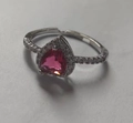 Silver-plated adjustable ring featuring a faceted heart pink gemstone with halo diamonds - Silver Rose Red Heart Style (N-934)