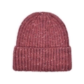 Detail of burgundy ribbed knit beanie with colorful flecks and a thick folded cuff - Rose Pink