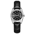 Women's quartz watch with silver fluted bezel, black dial and leather strap - Black Strap Silver Case Black Dial Women's