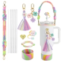 Rainbow macaron woven cup strap set with flower tassel and silicone straw cover - Rainbow Set A