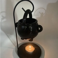 Black ceramic cauldron oil burner with metal hanging stand and tea light candle base - Black Essential Oil Burner / Black