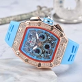Rose gold tonneau watch with diamond bezel and light blue silicone strap - Light Blue Dial Rose Gold Case Light Blue Strap