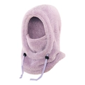Purple plush balaclava hat with integrated neck warmer and adjustable drawstring cord - M (3-10 Years) / Purple