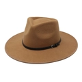Detail of camel wool felt fedora with black leather band and silver metal buckle - M (56-58cm) / Light Coffee