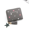 Detail of grey PU leather wallet with heart embroidery, star charm and tassel zipper - Gray