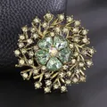 Vintage bronze brooch with green heart crystals and yellow rhinestones on black leather - Light Yellow with AB White & Light Green Acrylic Baroque