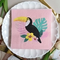 Pink square napkin featuring tropical toucan and floral print set in elegant table setting - Pink Toucan (1100)
