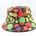 Close-up of reversible bucket hat featuring vibrant all-over colorful fruit pattern prints - 13# Black Mixed Fruit Print