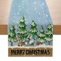 Blue Christmas table runner with festive snowman and reindeer prints on a wooden table - Christmas Snowy Night Forest Style (ZQ030-8)