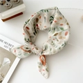 Cream square cotton linen scarf with colorful plant leaf prints and knotted styling - 55cm / Orange Leaf Beige