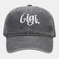 Detail of white Gigi cursive embroidery on dark gray washed cotton baseball cap - Adjustable / Gray