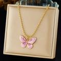 Golden bead chain necklace with a purple and pink enamel butterfly pendant on a jewelry box - Pink Purple Butterfly Style (N3566)