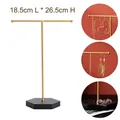 T-shaped gold metal jewelry stand with black marble base for necklace and earring display - Gold T Earring Rack Black Base
