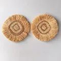 Handwoven Bohemian style round straw wall decor with fringe detail and natural fibers - Spiral Detail Tassel Style (37cm)