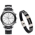 Coffret montre quartz homme et bracelet avec bracelet noir et cadran blanc épuré - Cadran Blanc + Bracelet à Boucle Noire