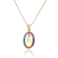 Macro detail of gold letter E necklace pendant with rainbow zircon stones on white background - Letter E