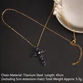 Titanium steel gold cross necklace featuring a teardrop-shaped dark blue zircon stone - Cross No.17 Gold (A1004)