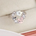 Detail of silver floral ring with pink rabbit charm and sparkling cubic zirconia stones - Pink Rabbit Flower (Silver Base)