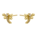 Pendientes de libélula dorados con circonitas brillantes sobre un fondo blanco - Estilo Libélula Dorada(VE1243)
