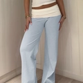 Women's light blue and white striped high-waisted wide leg trousers with fold-over waist - XS / Light Blue