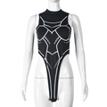 Detail of slim fit sleeveless bodysuit with contrast white lines on black knit fabric - S / Black