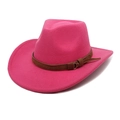 Detail of vibrant rose red wool felt cowboy hat with brown suede band and bronze buckle - Rose Red